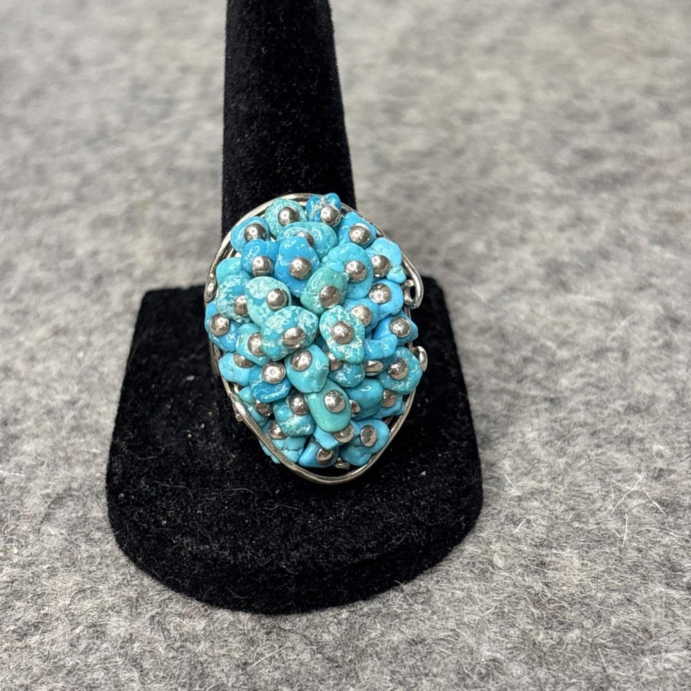 VTG Jay King DTR 925 Sterling Silver Cluster Chip Turquoise Ring Size 8.5